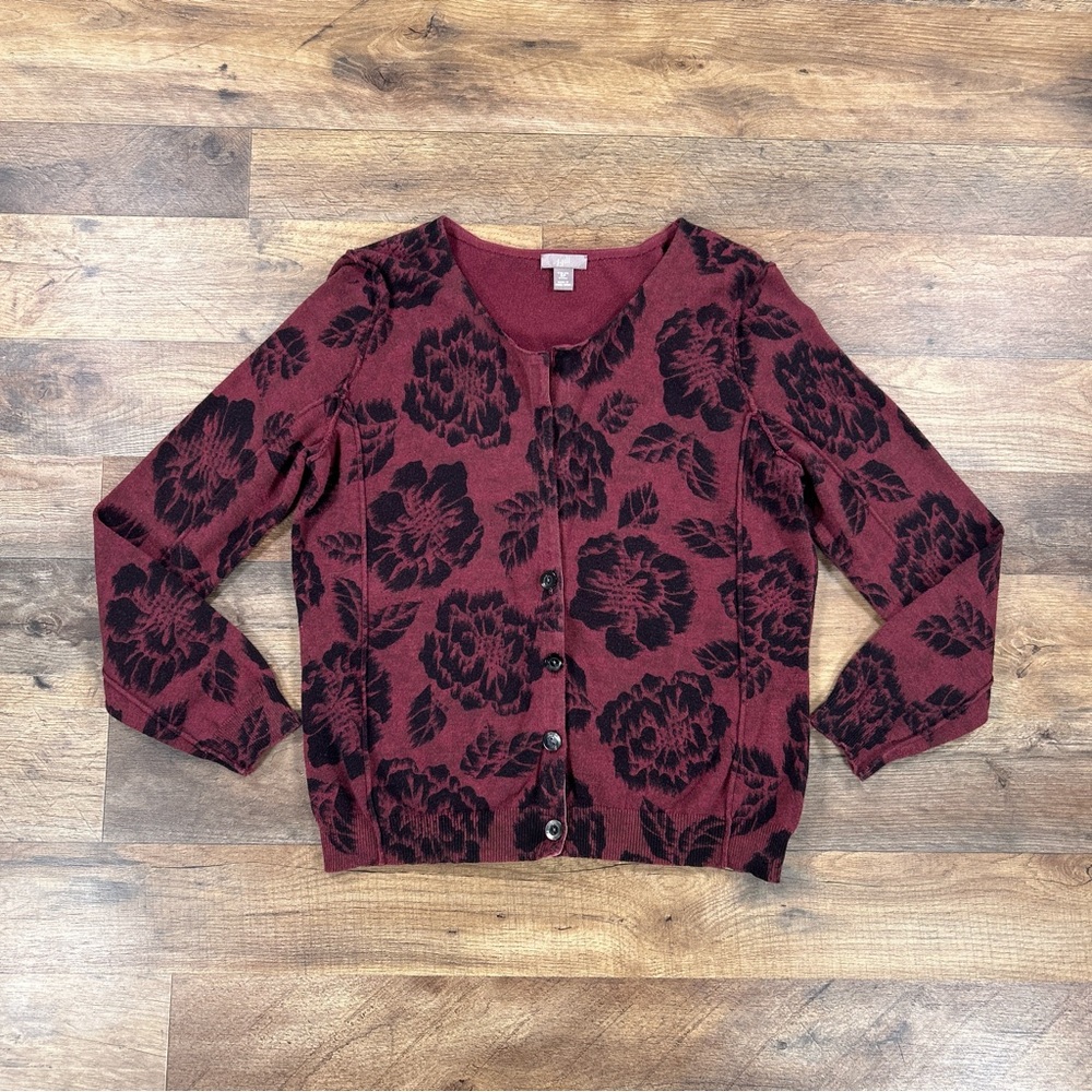 J Jill Sweater Womens Small Petite Red Floral Cardigan Lightweight Cotton Blend